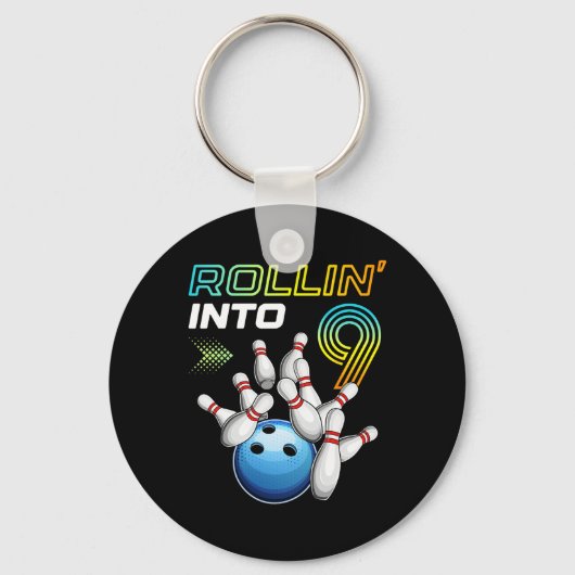 Rollin Into 9 Retro Bowling Birthday Party 9th Bir キーホルダー (正面)