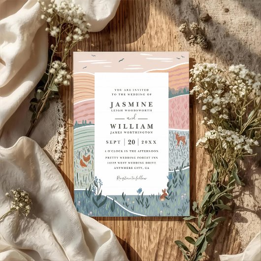 Rolling Hills Rustic Countryside QR Code Wedding 招待状