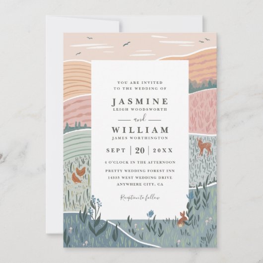 Rolling Hills Rustic Countryside QR Code Wedding 招待状 (正面)
