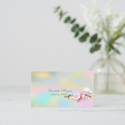 Rolling Pin Flowers Bakery Colorful Holographic 名刺 (スタンド正面)