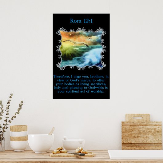 Rom 12:1海の上に飛んでいるのカモメと ポスター (キッチン)