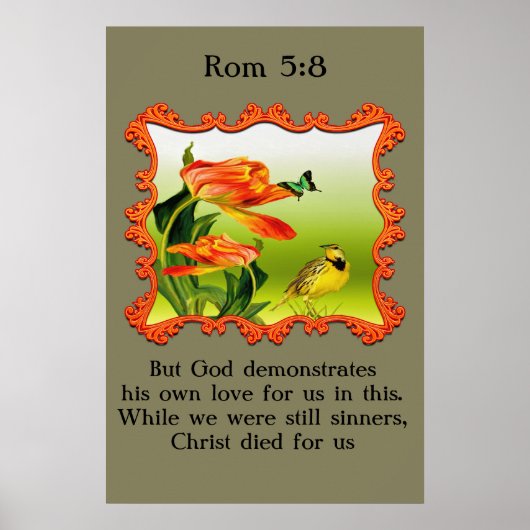 Rom 5:8黄色と黒のカナリモッキンバード ポスター (正面)