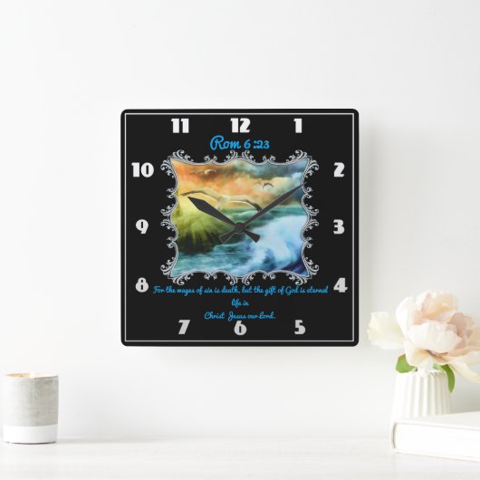 Rom 6:23海の上飛んでいるに貝殻を持つ スクエア壁時計 (ホーム)