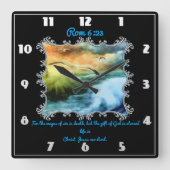 Rom 6:23海の上飛んでいるに貝殻を持つ スクエア壁時計 (正面)