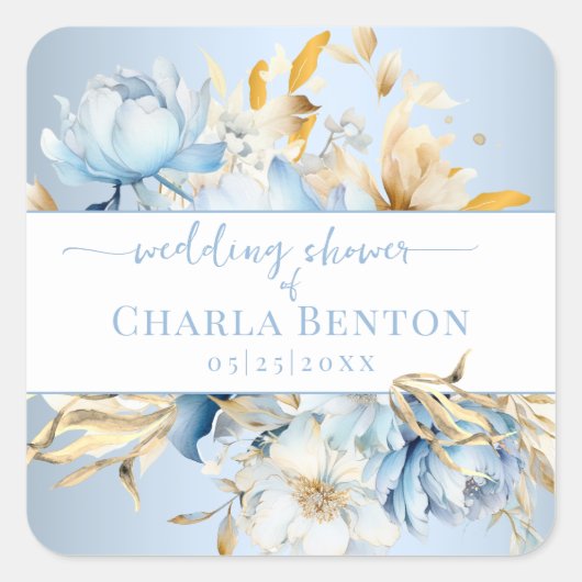 Romance Blue Floral Gold Wedding Shower スクエアシール (正面)
