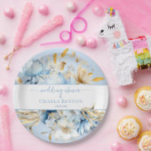 Romance Blue Floral Gold Wedding Shower ペーパープレート (パーティー)