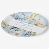 Romance Blue Floral Gold Wedding Shower ペーパープレート (アングル)