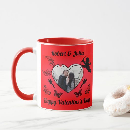 Romance Cute Red Heart Cupid Photo Valentines Day マグカップ (ドーナツ)