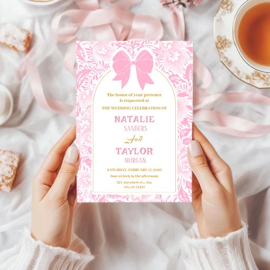 Romance Valentine’s Day Pink Bow Floral Wedding 招待状