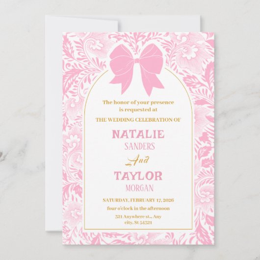 Romance Valentine’s Day Pink Bow Floral Wedding 招待状 (正面)