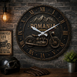 Romania Motorcycle Vintage Racer Carpathian Mounta ラージ壁時計