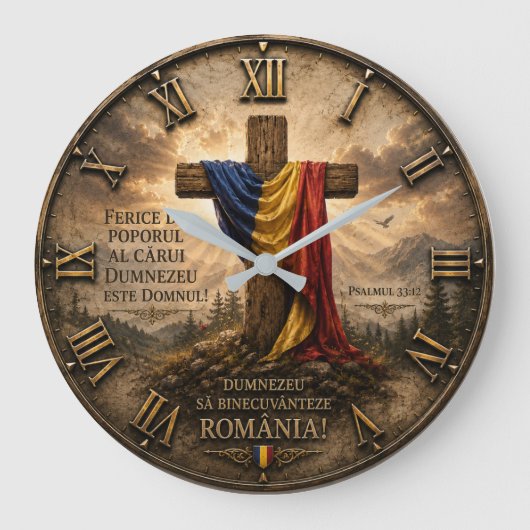 Romanian Christian Cross with Psalm 33:12 Bible ラージ壁時計 (正面)