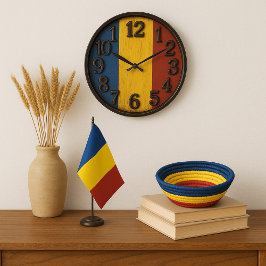 Romanian Flag with Vintage Wood Background Rustic  ラージ壁時計
