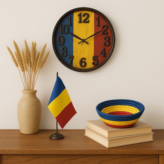 Romanian Flag with Vintage Wood Background Rustic  ラージ壁時計