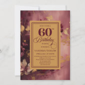 Romantic 60th Birthday Burgundy Floral Gold Invite 招待状 (正面)