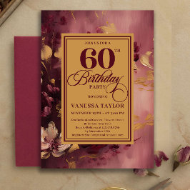 Romantic 60th Birthday Burgundy Floral Gold Invite 招待状