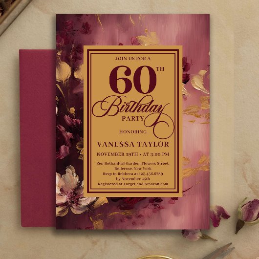 Romantic 60th Birthday Burgundy Floral Gold Invite 招待状