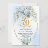 Romantic 70th Birthday Blue Floral Gold Invitation 招待状 (正面)