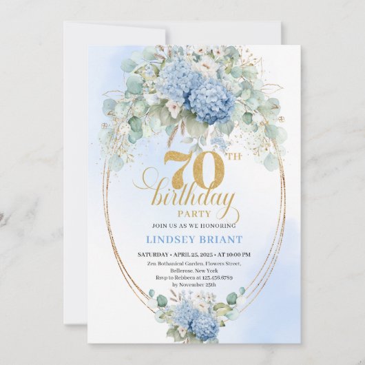 Romantic 70th Birthday Blue Floral Gold Invitation 招待状 (正面)