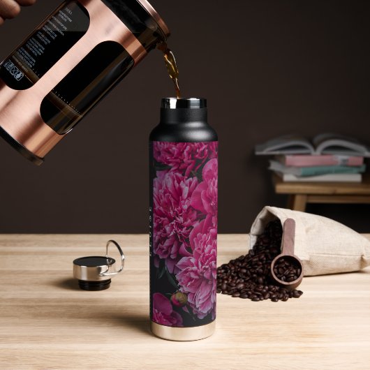 Romantic and moody Peony Floral Custom Name ウォーターボトル (コーヒー (回転後))