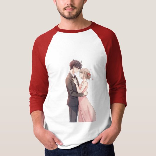 Romantic Anime Couple Embrace T-Shirt Tシャツ (正面)