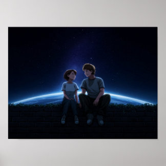 Romantic Anime Couple Sitting Under Starry Cosmos ポスター
