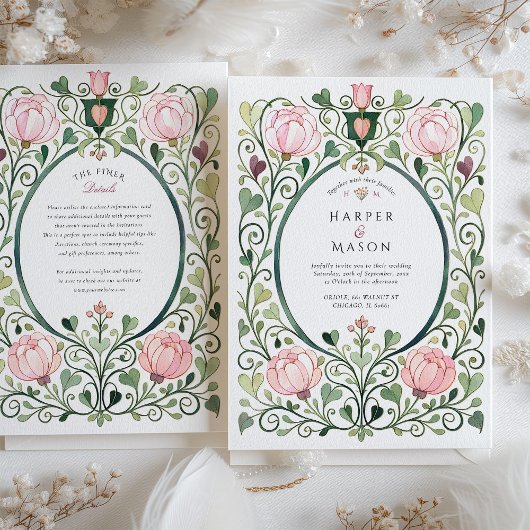 Romantic Art Nouveau Pink Peony Wedding 招待状