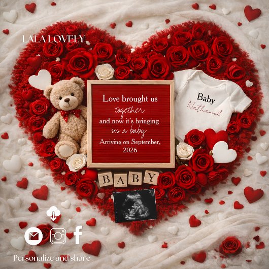 Romantic baby reveal pregnancy announcement card 案内状