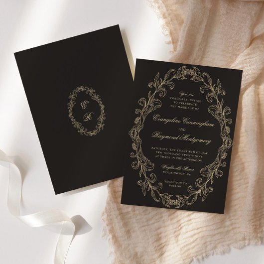 Romantic Baroque Ornate Frame Black Wedding 招待状