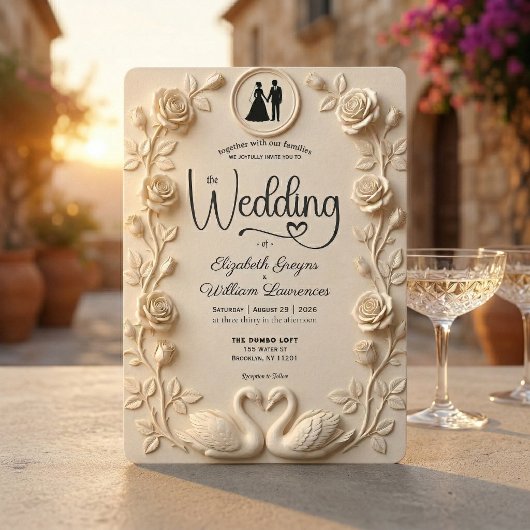 Romantic Baroque Roses & Silhouette Frame Wedding  招待状