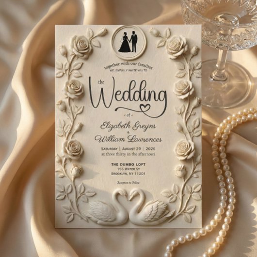 Romantic Baroque Roses & Silhouette Frame Wedding  招待状