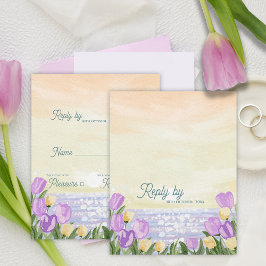 Romantic Beach Sunset Purple Florals Wedding Reply 出欠カード