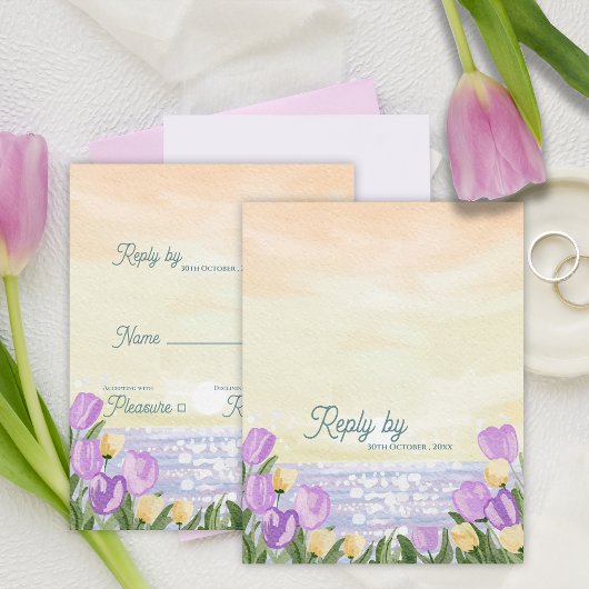 Romantic Beach Sunset Purple Florals Wedding Reply 出欠カード