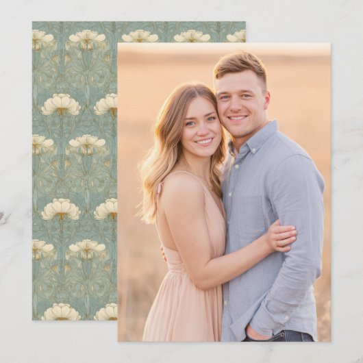 Romantic Beige Blue Photo 招待状 (正面/裏面)