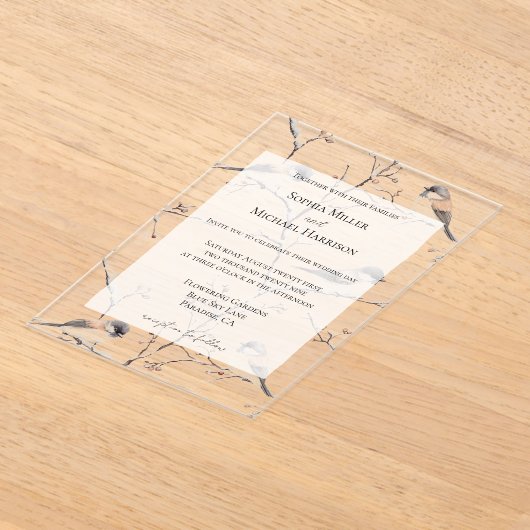 Romantic Birds in a Tree Wedding アクリル招待状 (レイダウン)