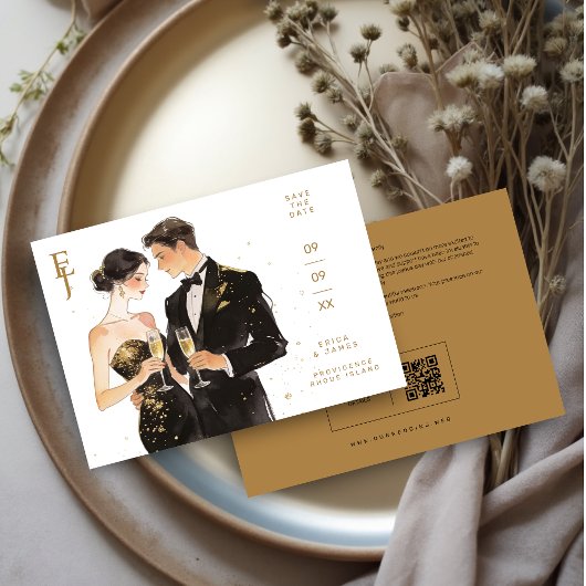 Romantic Black & Gold Couple Wedding Design セーブザデート