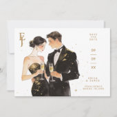 Romantic Black & Gold Couple Wedding Design セーブザデート (正面)