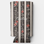 Romantic Black Red Stripes Roses Floral スリム缶クーラー (正面)