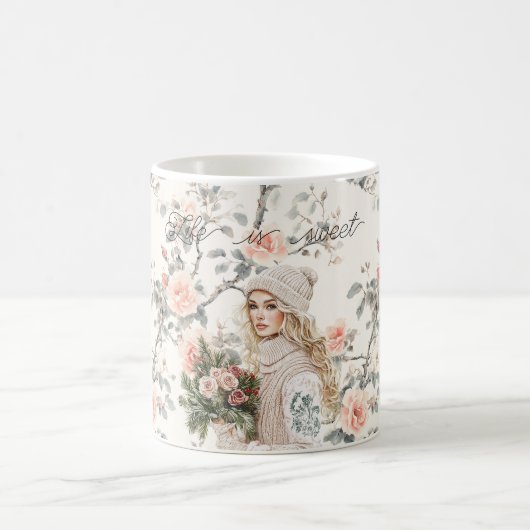 Romantic Blond Hair Lady Peach Roses Floral コーヒーマグカップ (中央)