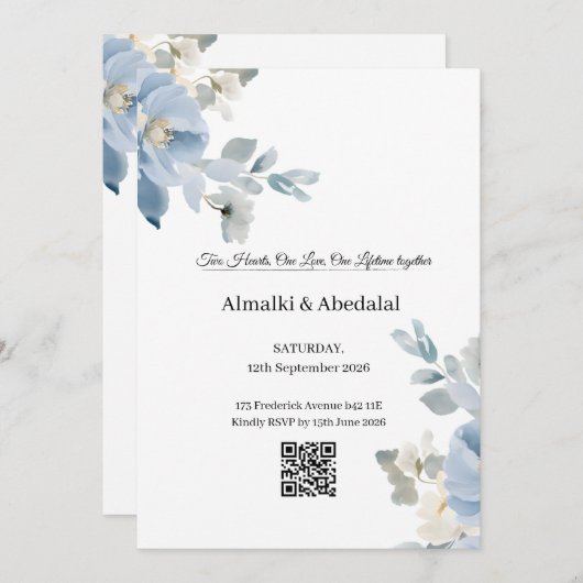 Romantic Blue and White Flower Wedding Invitation  招待状 (正面/裏面)