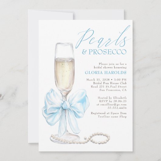Romantic Blue Bow Pearls & Prosecco Bridal Shower 招待状 (正面)