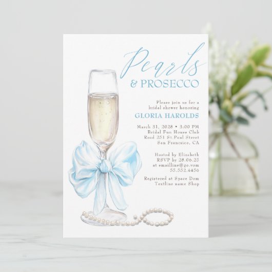 Romantic Blue Bow Pearls & Prosecco Bridal Shower 招待状 (スタンド正面)