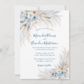 Romantic Blue Calligraphy Floral Boho Wedding 招待状 (正面)