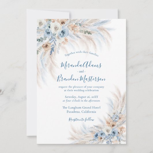 Romantic Blue Calligraphy Floral Boho Wedding 招待状 (正面)