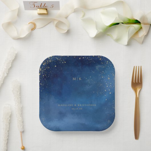 Romantic Blue Celestial Stars ペーパープレート (ウェディング)