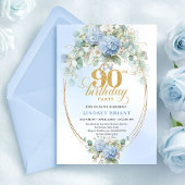 Romantic Blue Floral Boho 90th Birthday Invitation 招待状