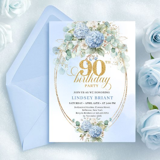 Romantic Blue Floral Boho 90th Birthday Invitation 招待状