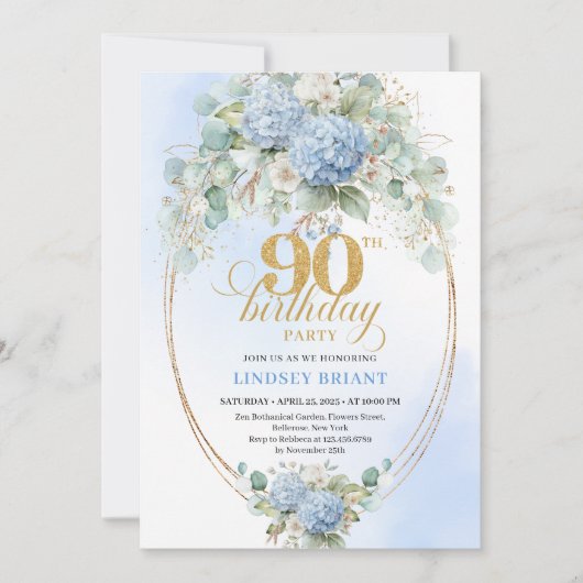 Romantic Blue Floral Boho 90th Birthday Invitation 招待状 (正面)