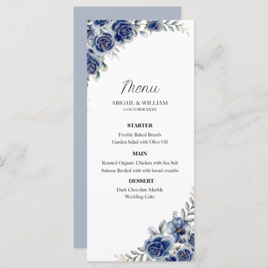 Romantic Blue Floral Botanical Wedding Menus Card メニュー (正面/裏面)