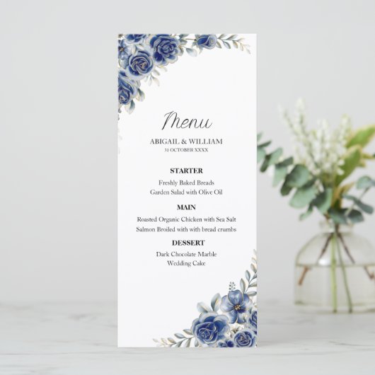 Romantic Blue Floral Botanical Wedding Menus Card メニュー (スタンド正面)